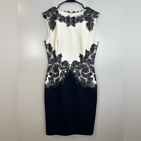 Tadashi Shoji Falcon Navy Blue/White Sleeveless Feather/Lace Sheath Dress Large - Picture 1 of 11